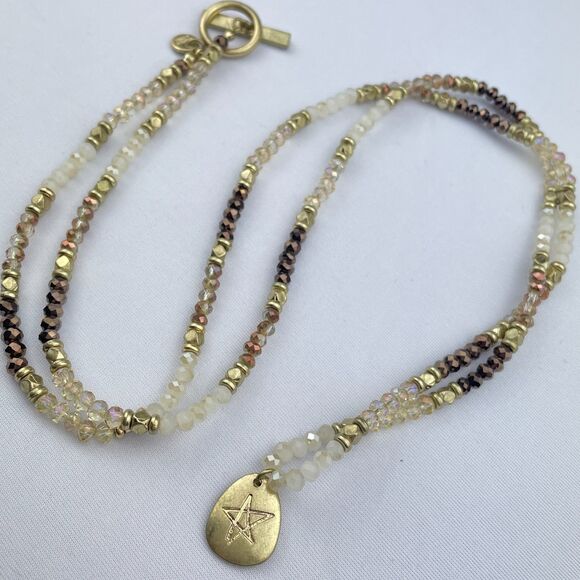 ~ Marlyn Schiff Necklace Beaded Gold Star 2-sided Crystals Neutral Brown Ivory - Picture 12 of 12